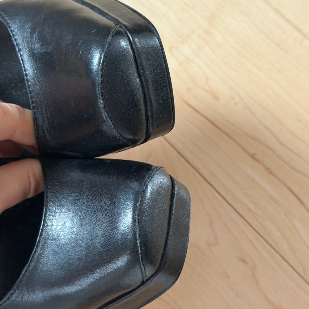 Vtg 90s Boutique 58 Black Leather Platform pumps Square Toe Fit 6,5-7 Italy New - Picture 4 of 5